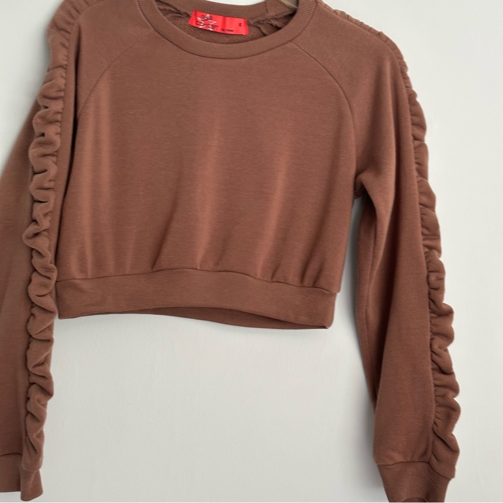 Roma Concept by Rosee Womens Crop top Small Brown Ruffled sleeve accent - Picture 3 of 7